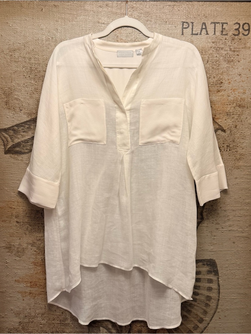 Carlisle New York White Linen & Silk Tunic Blouse Size 4 High Low Hem